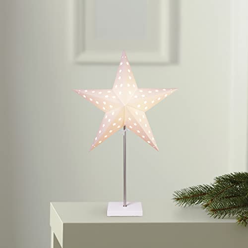 Star Trading Tischlampe Weihnachtsstern Leo, 3D Papierstern Weihnachten in Weiß mit Fuß aus Holz und Metall, Dekostern Tischleuchte mit Kabelschalter, E14, Höhe: 65 cm von Star