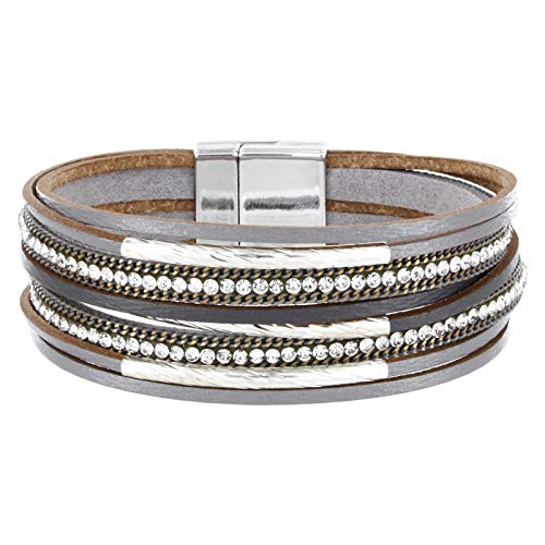 StarAppeal Armband Lederarmband mit Strass, Ketten und Schmuckelementen, Magnetverschluss Silber, Damen Armband (Grau) von StarAppeal