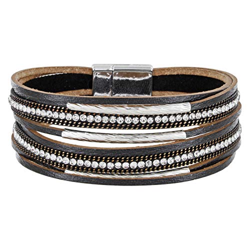 StarAppeal Armband Lederarmband mit Strass, Ketten und Schmuckelementen, Magnetverschluss Silber, Damen Armband (Schwarz) von StarAppeal