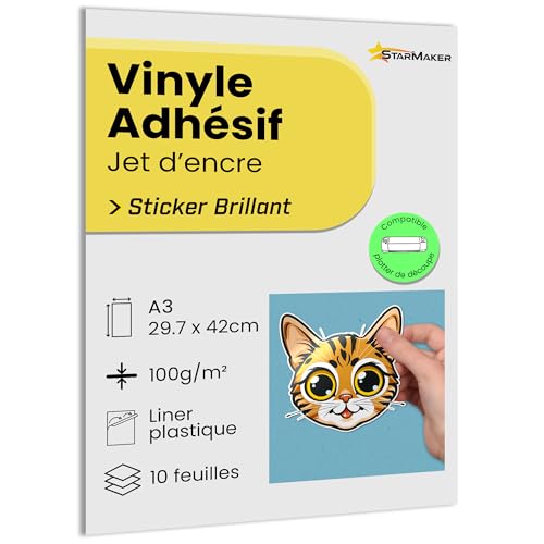 A3 x 10 Blatt selbstklebendes Vinyl, glänzend, bedruckbares Klebepapier, Tintenstrahldrucker, wasserdicht und strapazierfähig, für Premium-Aufkleber von StarMaker