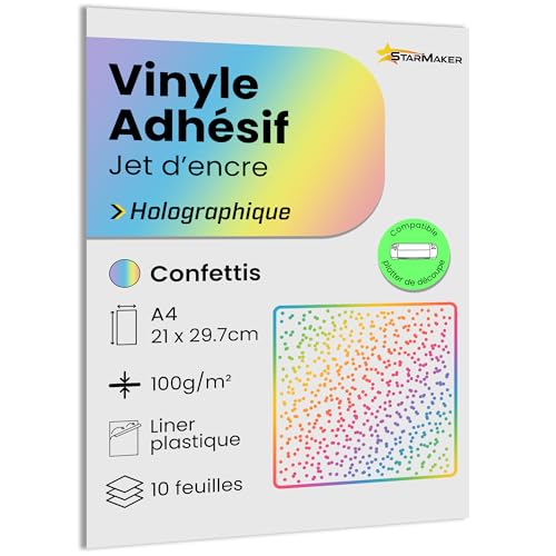 A4 x 10 Blatt selbstklebendes Vinyl, holografisch, mit Kunststofffolie, Klebepapier, kompatibel mit Tintenstrahldrucker und Plotter, wasserdicht und strapazierfähig, für Premium-Aufkleber (Konfetti) A4 x 10 Blatt selbstklebendes Vinyl, holografisch, mit Kunststofffolie, Klebepapier, kompatibel mit Tintenstrahldrucker und Plotter, wasserdicht und strapazierfähig, für Premium-Aufkleber (Konfetti) von StarMaker