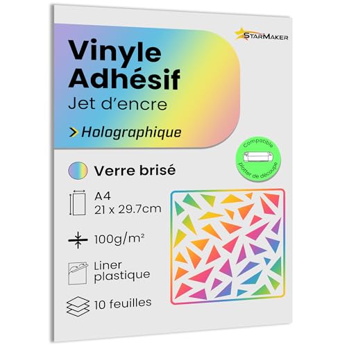 A4 x 10 Blatt selbstklebendes Vinyl, holografisch, mit Kunststoffliner, Klebepapier, kompatibel mit Tintenstrahldrucker und Plotter, wasserdicht und strapazierfähig, für Premium-Aufkleber (Bruchglas) A4 x 10 Blatt selbstklebendes Vinyl, holografisch, mit Kunststoffliner, Klebepapier, kompatibel mit Tintenstrahldrucker und Plotter, wasserdicht und strapazierfähig, für Premium-Aufkleber (Bruchglas) von StarMaker