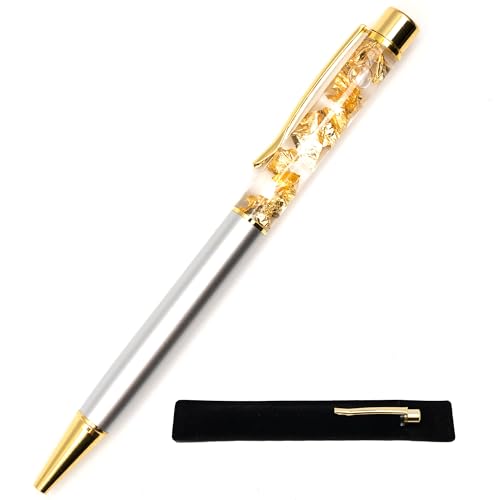 Kugelschreiber mit Blattgold, silberfarben, mit Samtetui, originelles und schickes Geschenk, echte schwebende Goldfolie, schwarze Tinte, Druckkugelschreiber von StarMaker