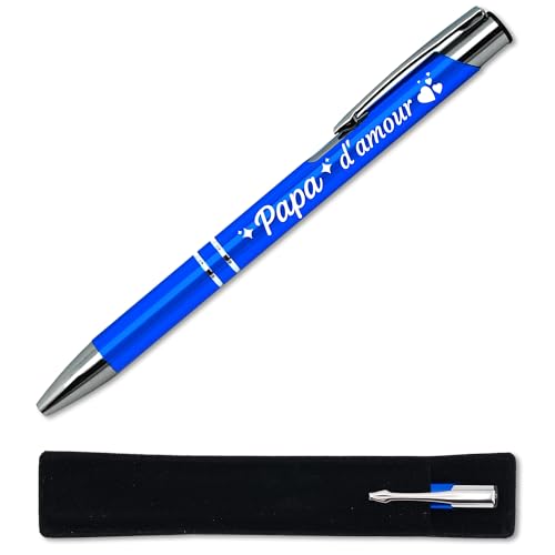 Kugelschreiber mit Gravur Liebespad, Blau, mit Samtetui, Geschenkidee zum Vatertag – personalisierbarer Metallstift mit französischer Gravur von StarMaker