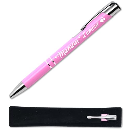 Kugelschreiber mit Gravur "Maman amour Rose" mit Samtbeutel – Geschenkidee zum Muttertag – personalisierbarer Metallstift mit französischer Gravur von StarMaker