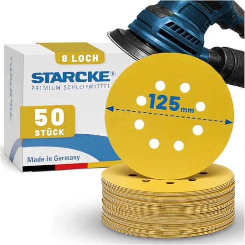 STARCKE® Langlebige Schleifscheiben 125mm Klett - [50er MIX-SET] MADE IN GERMANY - 8-Loch Exzenterschleifer 125mm Schleifscheiben - Holz, Farbe, Lack, Spachtel, Kunststoff (60,80,120,180,240 je 10x) von Starcke