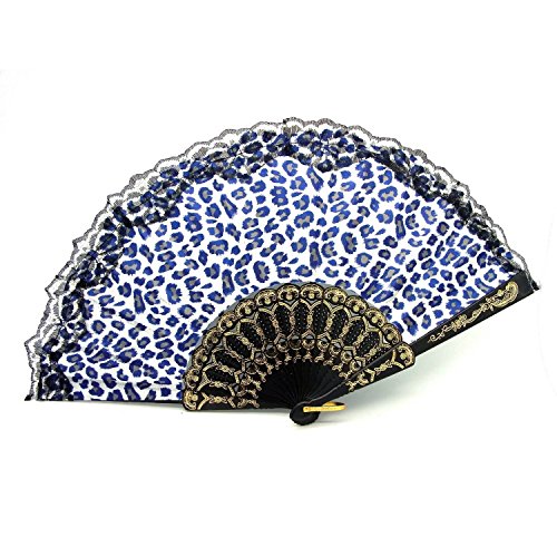 Starlet24 24cm Fächer Stoff Leopardenmuster Fecher Stofffächer Wedler mit Spitze #135025 blau von Starlet24