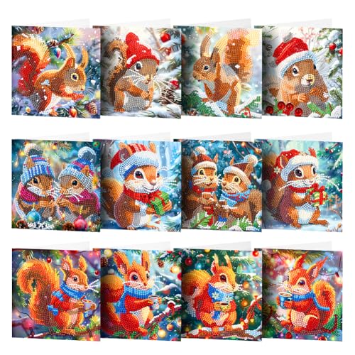 Starnearby 12 Stück DIY Diamond Painting Weihnachtskarte Mit Umschlag Diamant Painting Karten Grußkarten Handgefertigte Geschenkkarte Strass Handwerk Grußkarte (Weihnachtsvogel) von Starnearby