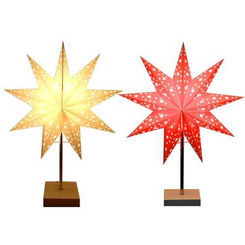 Starnearby 2 Stück LED Weihnachtsstern Tischlampe, 45 x 35 cm Beleuchtet Papier Weihnachtsstern mit Holzsockel, 3D Weihnachtsstern Fensterdeko Weihnachten, LED Tischleuchte Fenster Deko (Weiß, Rot) von Starnearby