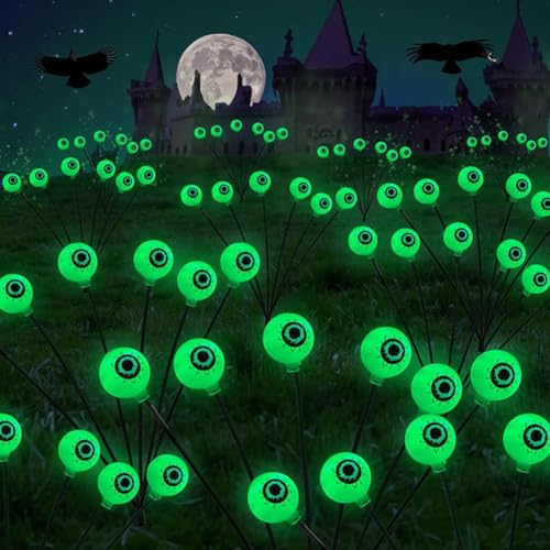 Starnearby 2 Stück Solarlampen Halloween Deko Outdoor Garten, 10 LED Augapfel Gartenlichter Halloweens Lichter, IP65 Wasserdicht Halloween Deko Lichterkette für Außen Garten (Grün) von Starnearby