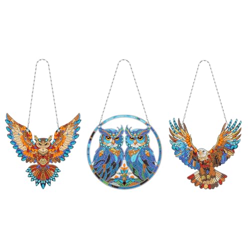 Starnearby 3 Stück DIY Diamond Painting Eulen und Adler Anhänger mit Kette 5D Diamant Painting Fensterbilder Einseitig Diamant Malerei Kranz Set für Fenster Wand Und Eingang Decor von Starnearby