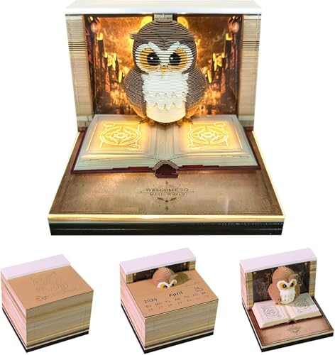 Starnearby 3D-Notizblock, 3D Kalender Abreißen 2025, 2025 Tischkalender-Notizblock mit Licht, Kreative Magic Castle Haftnotizen, Papierskulptur Desktop Ornament (Eule) von Starnearby