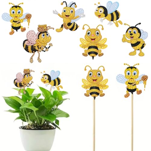Starnearby 6 Stück Diamond Painting Biene Set, Diamond Painting Erwachsene Kinder Bastelset, Gartenstecker Gartendekoration Balkon Deko, Basteln Geschenk für Mama und Kinder von Starnearby