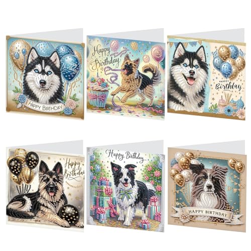 Starnearby DIY Diamond Painting Karte 6 Stück 5D Diamond Painting Karten Ostern Geburtstag Diamond Painting 6er Set Karten Blumen Diamant Malerei Grußkarte mit Umschlag Set (Geburtstagswelpe) von Starnearby