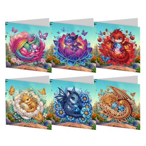 Starnearby DIY Diamond Painting Karten, 6 Stück 5D Diamond Painting Grußkarten, Geburtstagskarten Set Weihnachtskarten, Diamant Painting Blumen Postkarten für Hochzeit (Drachen) von Starnearby