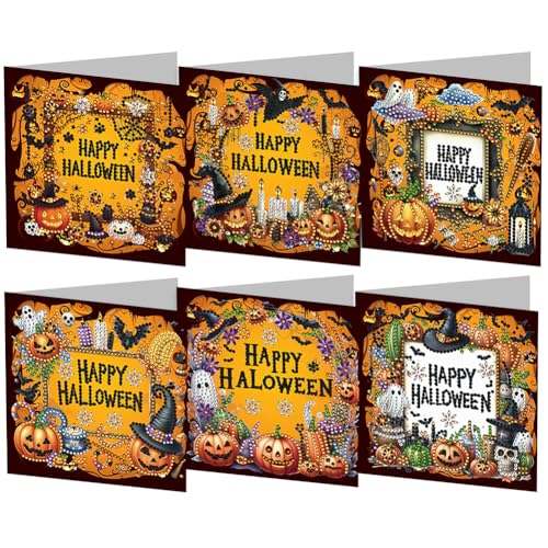 Starnearby DIY Diamond Painting Karten, 6 Stück 5D Diamond Painting Grußkarten, Geburtstagskarten Set Weihnachtskarten, Diamant Painting Blumen Postkarten für Hochzeit Party (Halloween B) von Starnearby