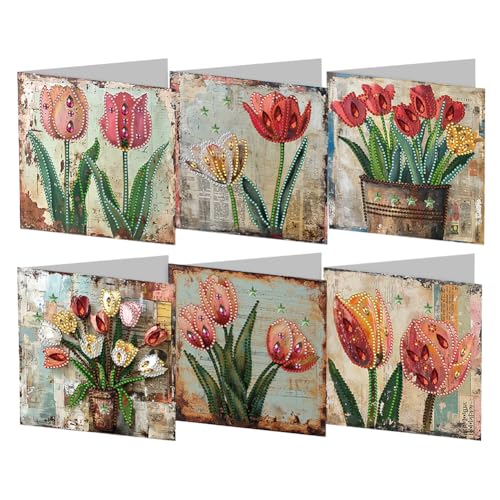 Starnearby DIY Diamond Painting Karten, 6 Stück 5D Diamond Painting Grußkarten, Geburtstagskarten Set Weihnachtskarten, Diamant Painting Blumen Postkarten für Hochzeit Party (Tulpe) von Starnearby