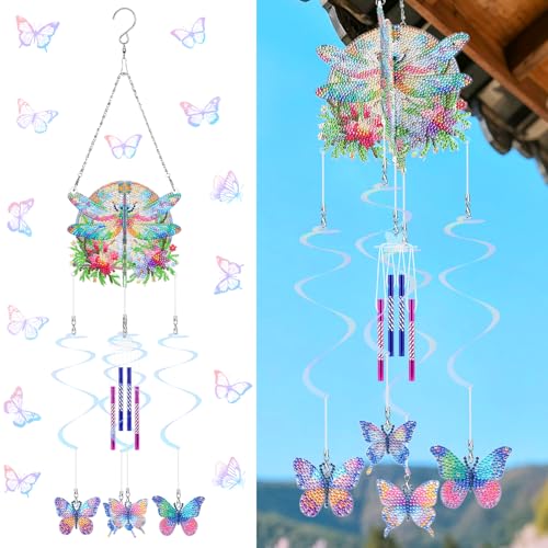 Starnearby DIY Diamond Painting Sonnenfänger Windspiele Set, 5D Doppelseitige Diamant Malerei Anhänger Set, Rotierender Windspiel Bastelset Hängende Ornamente für Fensterdeko (Blumen Libelle) von Starnearby