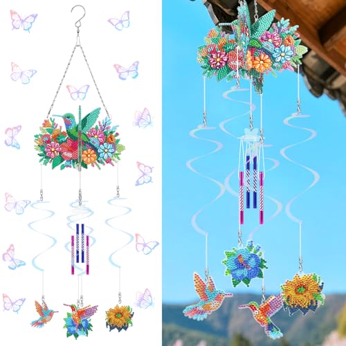 Starnearby DIY Diamond Painting Sonnenfänger Windspiele Set, 5D Doppelseitige Diamant Malerei Anhänger Set, Rotierender Windspiel Bastelset Hängende Ornamente für Fensterdeko (Gartenkolibri) von Starnearby