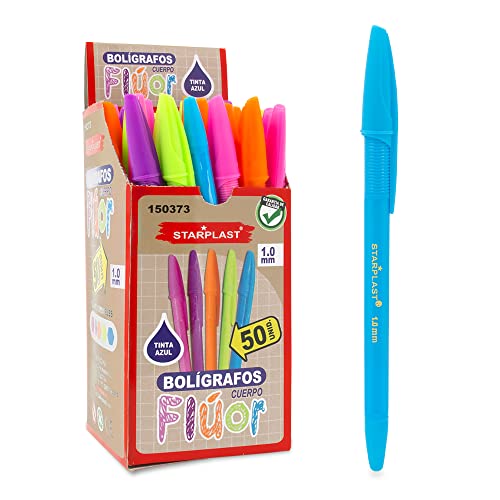Starplast Packung mit 100 Kugelschreibern, mit Kappe, 5 fluoreszierende Farben, blaue Tinte, 100 Stück, rutschfest, mit Präsentationsbox, für Schule oder Büro. von Starplast