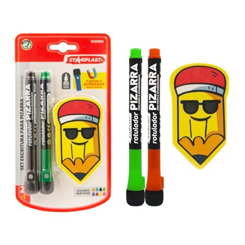 Starplast 2 weiße Whiteboard-Marker mit Magnet und Radiergummi mit Magnet, 8 Farben, runde Spitze 2,0 mm, zufällige Farben von Starplast