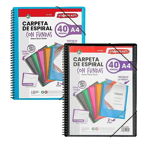 Starplast Mappe mit flexiblen Spiralhüllen - 40 transparente Hüllen, A4, elastischer Verschluss, Polypropylen-Deckel, anpassbare Vorderseite, für den Schul- und Bürogebrauch - Pack 2 Sortiert von Starplast
