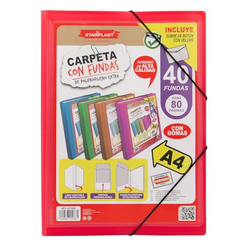 Starplast Ordner mit Hüllen - Kunststoffordner, Dokumentenmappe, Gummibandverschluss, A4-Größe, für Schul- und Bürogebrauch - 40 Hüllen Rosa von Starplast