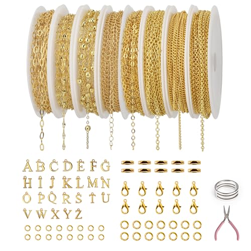 Goldfarbene Halsketten für Schmuckherstellung, 26 m, 8 Rollen, Stile, Ketten für DIY-Armbänder, Halsketten, Schmuckherstellung, mit 26 Buchstaben-Charm-Karabinerverschluss und Biegeringverbindern Goldfarbene Halsketten für Schmuckherstellung, 26 m, 8 Rollen, Stile, Ketten für DIY-Armbänder, Halsketten, Schmuckherstellung, mit 26 Buchstaben-Charm-Karabinerverschluss und Biegeringverbindern von Starry