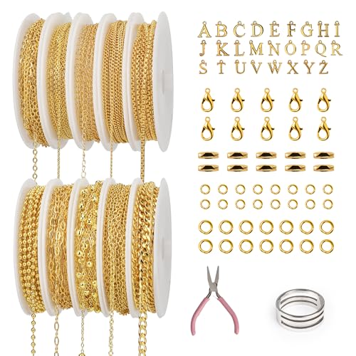 Halskette aus 18 Karat Gold für die Schmuckherstellung, 2,5 m, 10 Rollen, permanentes Armband-Set, Ketten für DIY-Armbänder, Halsketten, Schmuckherstellung, mit Buchstaben-Charm-Karabinerverschluss Halskette aus 18 Karat Gold für die Schmuckherstellung, 2,5 m, 10 Rollen, permanentes Armband-Set, Ketten für DIY-Armbänder, Halsketten, Schmuckherstellung, mit Buchstaben-Charm-Karabinerverschluss von Starry