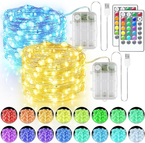 StarryEver Bunt LED Lichterkette Innen Batterie & USB, 16 Farben 4 Modi Lichterkette Außen mit Fernbedienung Timer, 5M 50 LED Lichterkette Batteriebetrieben für Zimmer Party Weihnachten Deko 2er Pack von StarryEver