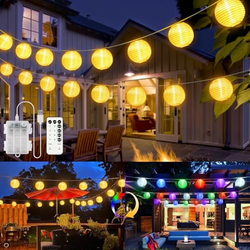 LED Lampions Lichterkette Außen Batterie & USB, Warmweiß und Bunt 20 Modi Lampion Lichterkette mit Fernbedienung, 12M 40 LED Chinesische Laternen Beleuchtung Draußen für Patio Balkon Garten Hof von StarryEver