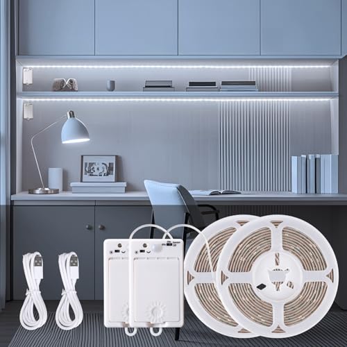 LED Streifen mit Bewegungsmelder 2 Stück, 90 LED Strip 3M mit Wiederaufladbar Batterie, Kaltweiß Wiederaufladbar Lichtband mit Bewegungssensor, LED Strips, LED Band für Treppen Küche Kleiderschrank von StarryEver