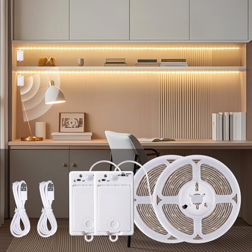LED Strips mit Bewegungsmelder 2 Stück, Warmweiß 2700K Lichtband mit Wiederaufladbar Batterie& 2 Modi, 3M 90 LED Strip Batteriebetrieben, LED Streifen Warmweiss für Treppen Küche Betten von StarryEver