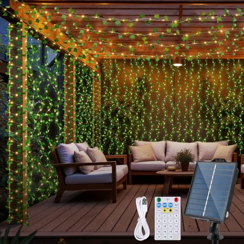 StarryEver 20M 200 LED Efeu Lichterkette Außen Solar, USB Künstlicher Efeu Girlande Lichterkette Outdoor mit Fernbedienung Timer, Solarlichterkette Außen Wetterfest für Garten Hochzeit Zaun Camping von StarryEver