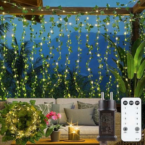 StarryEver 20M Efeu Lichterkette Außen Strom, Anschließbar 200 LED Warmweiß Lichterkette Innen mit Stecker Fernbedienung Timer, 8 Modi Lichterkette Efeu Girlande für Party Camping Balkon Garten Deko von StarryEver