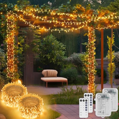 StarryEver LED Lichterkette mit Batterie, Cluster Lichterkette Warmweiß Außen, 10M 200 LED Lichterkette Innen mit Fernbedienung, Batterie Lichterkette Kinderzimmer für Weihnachten Balkon 2er Pack von StarryEver