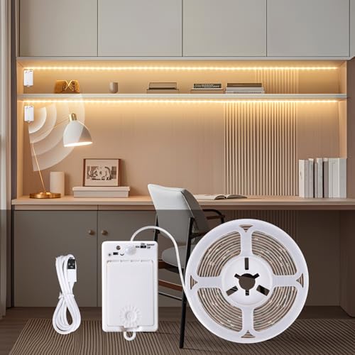StarryEver LED Streifen mit Bewegungsmelder, 3M 90 LED Strip mit Wiederaufladbares Batterie, Warmweiß 2700K Bewegungssensor Licht mit 2 Modi, LED Nachtlicht für Schränke Treppen Küche Betten Deko von StarryEver
