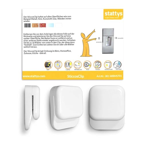 SticcosClip Wiederverwendbares Wandclip-Set – 6 elektrostatische Papierhalter für Glas, Whiteboards & Schränke | Alternative zu Magnetclips, Pinnnadeln & Magnetnotizen von Stattys