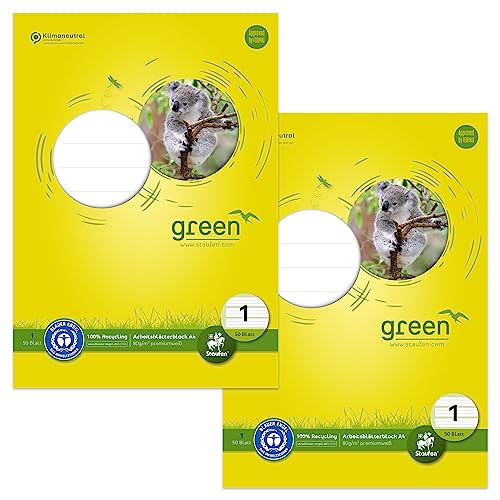 Staufen Green Arbeitsblätterblock - DIN A4, Lineatur 1 (5/5/5 mm liniert, farbig hinterlegte Lineatur), 2 Blöcke je 50 Blatt, 4-fach Lochung, 80 g/m² Recyclingpapier von Staufen
