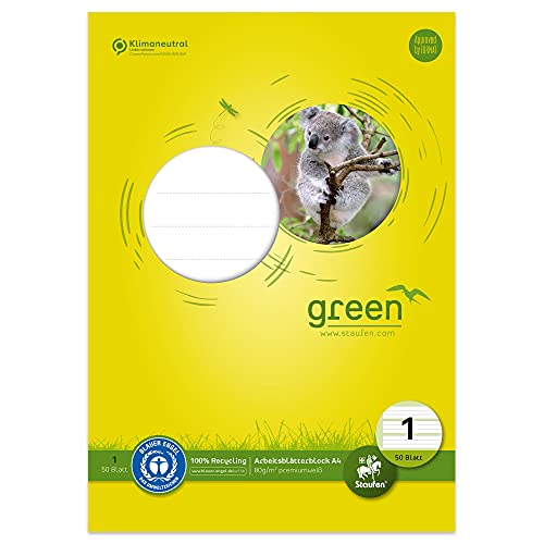 Staufen Green Arbeitsblätterblock - DIN A4, Lineatur 1 (5/5/5mm liniert, farbig hinterlegte Lineatur), 50 Blatt, 4-fach Lochung, premiumweißes 80g/m² Recyclingpapier, 1 Stück von Staufen