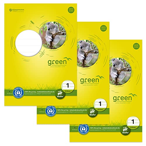 Staufen Green Arbeitsblätterblock - DIN A4, Lineatur 1 (5/5/5mm liniert, farbig hinterlegte Lineatur), 50 Blatt, 4-fach Lochung, premiumweißes 80g/m² Recyclingpapier, 3 Stück von Staufen