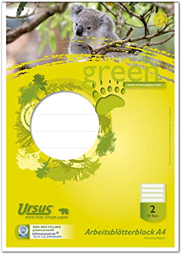 Staufen Green Arbeitsblätterblock - DIN A4, Lineatur 2 (4/4/4mm liniert, farbig hinterlegte Lineatur), 50 Blatt, premiumweißes 80g/m² Recyclingpapier, 1 Stück von Staufen