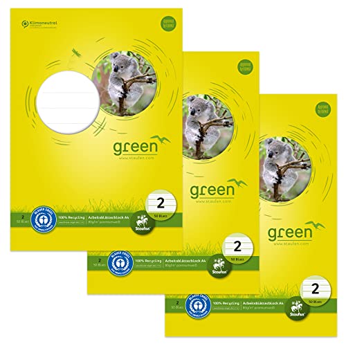Staufen Green Arbeitsblätterblock - DIN A4, Lineatur 2 (4/4/4mm liniert, farbig hinterlegte Lineatur), 50 Blatt, premiumweißes 80g/m² Recyclingpapier, 3 Stück von Staufen