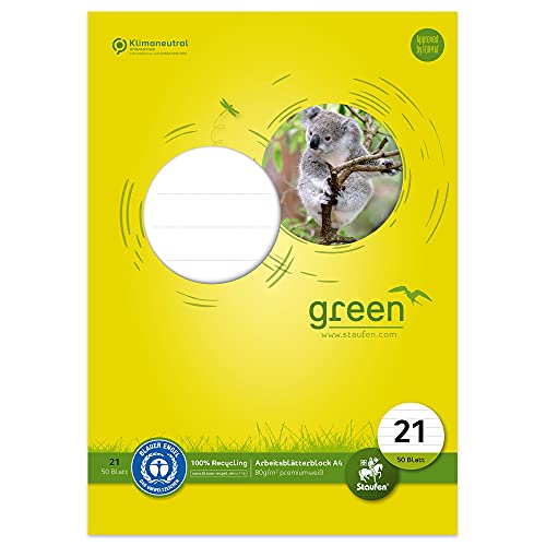 Staufen Green Arbeitsblätterblock - DIN A4, Lineatur 21 (9mm liniert), 50 Blatt, 4-fach Lochung, premiumweißes 80g/m² Recyclingpapier, 1 Stück von Staufen