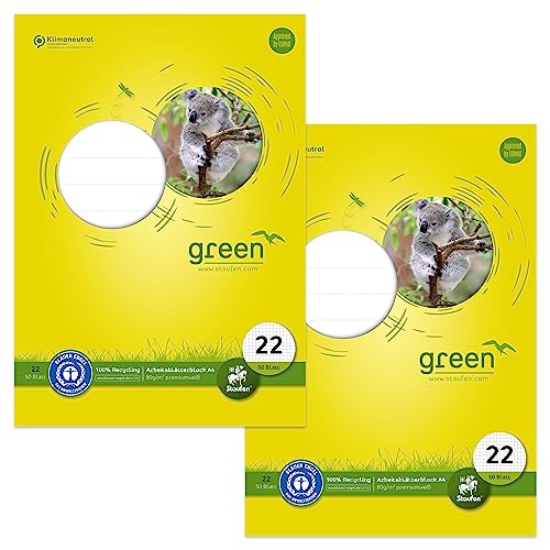 Staufen Green Arbeitsblätterblock - DIN A4, Lineatur 22 (5 mm kariert), 2 Blöcke je 50 Blatt, 4-fach Lochung, 80 g/m² Recyclingpapier von Staufen