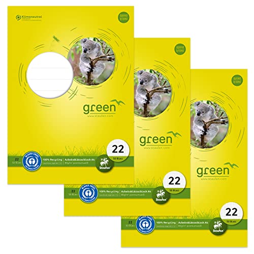 Staufen Green Arbeitsblätterblock - DIN A4, Lineatur 22 (5mm kariert), 50 Blatt, 4-fach Lochung, premiumweißes 80g/m² Recyclingpapier, 3 Stück von Staufen