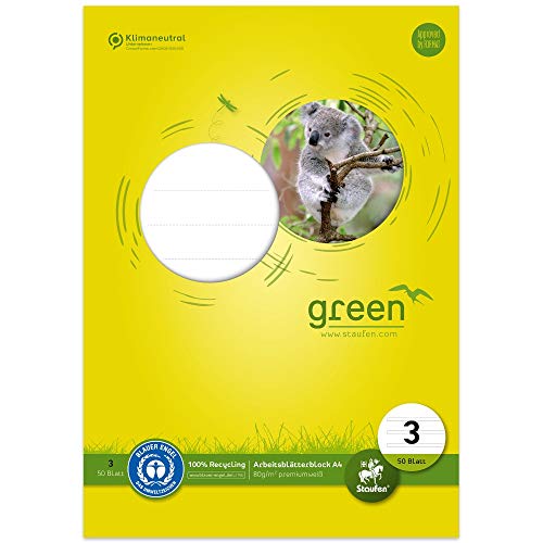 Staufen Green Arbeitsblätterblock - DIN A4, Lineatur 3 (14 Doppellinien), 50 Blatt, premiumweißes 80g/m² Recyclingpapier, 1 Stück von Staufen