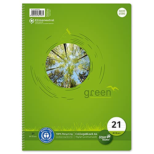 Staufen Green Collegeblock - DIN A4, Lineatur 21 (9mm liniert), 80 Blatt, 4-fach Lochung, premiumweißes 70g/m² Recyclingpapier, 1 Stück von Staufen