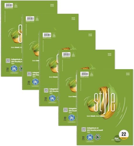 Staufen Green Collegeblock - DIN A4, Lineatur 22 (5mm kariert), 80 Blatt, 4-fach Lochung, premiumweißes 70g/m² Recyclingpapier, 5 Stück von Staufen
