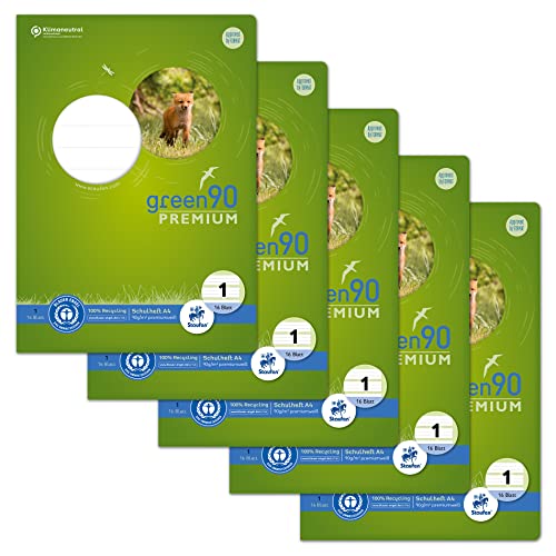 Staufen Green Heft - DIN A4, Lineatur 1 (5/5/5mm liniert farbig), 16 Blatt, 90g/m² Recyclingpapier, runde Ecken verhindern „Eselsohren“, 4 verschiedene Motive (keine Auswahl möglich), 5 Stück von Staufen